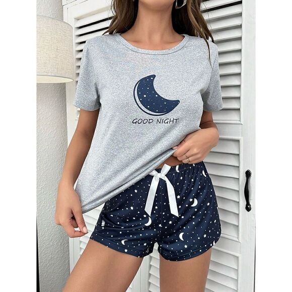 Moon Print Two Piece Soft Pajama Set
